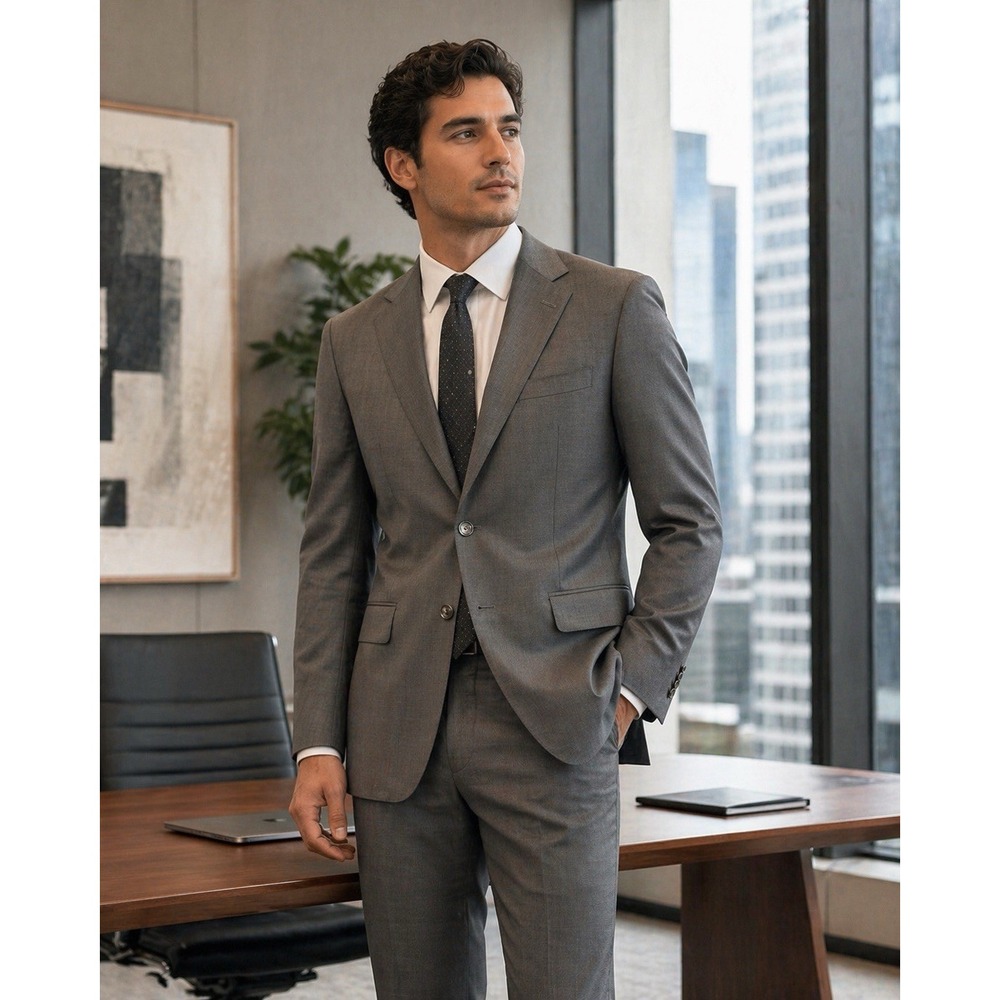 Jos A Bank Men's Suit 46XL 40X36 Black Shark Skin Wool Cashmere Blend